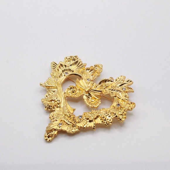 HIGH END GOLD PLATE FRENCH COUTURE HEART LARGE BROOCH - Picture 6 of 8